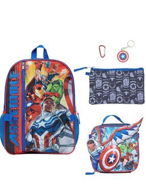 Marvel Avengers Backpack Set 5 Pc Lunch Bag Pencil Case Keychain Kids NWT
